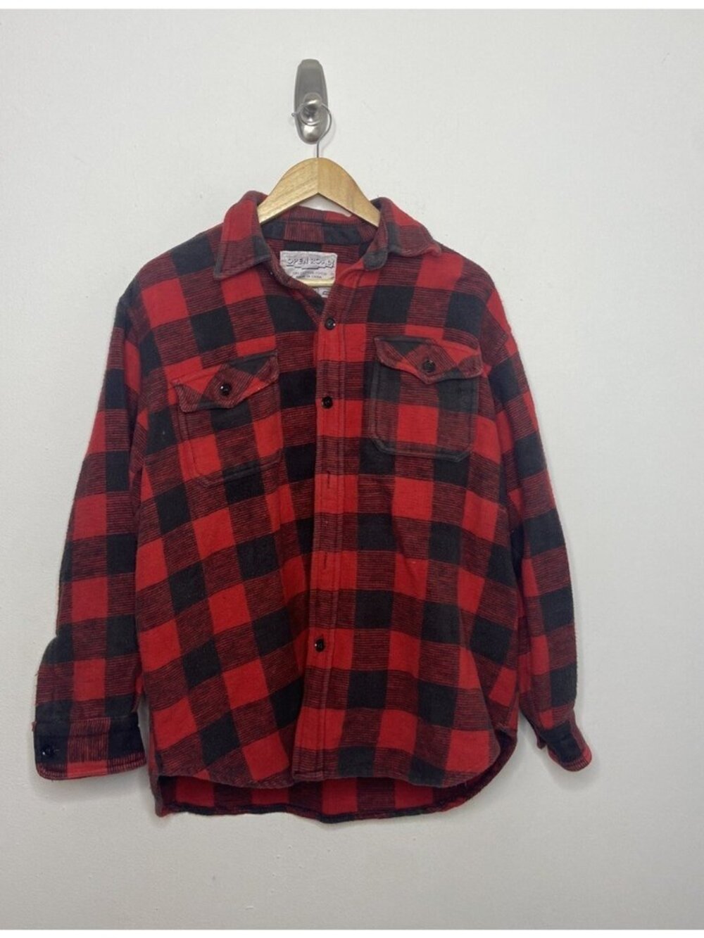 Vintage Open Road Men M Heavy Cotton Flannel Buffalo Plaid Button Shirt Shacket